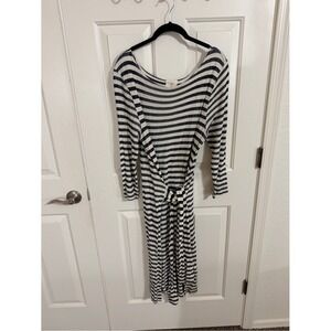 Anthropologie T.La Becky L Navy Stripe Tie Waist Boat Neck Midi Dress